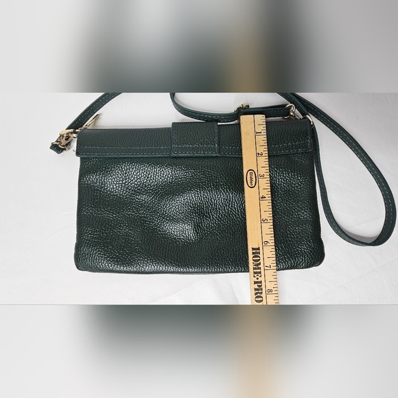 Italian Made Genuine Pebbled Leather Crossbody Purse Dark Green Buckle Flap - Picture 8 of 14